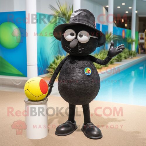 Mascotte Redbrokoly De Boule De Pétanque Noire Personnage Déguisement Habillé D'un Maillot De Bain Et D'épingles À Chapeau