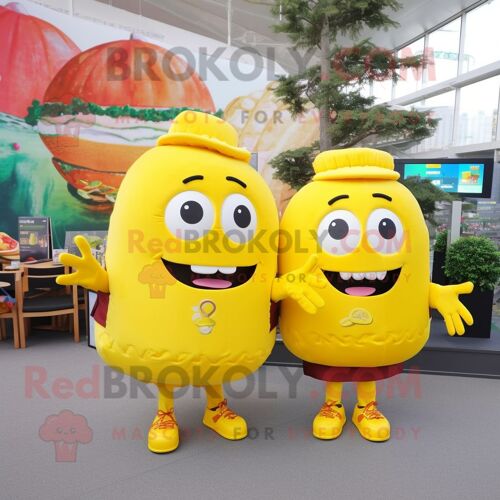 Personnage De Costume De Mascotte Redbrokoly De Hamburgers Jaune Citron Habillé D'un Chemisier Et De Sacs À Dos