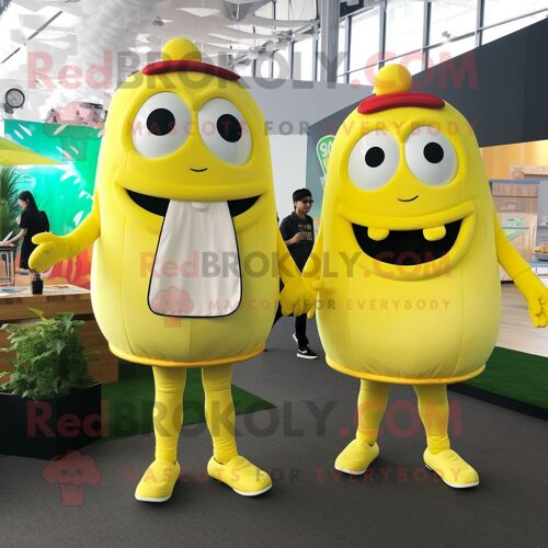 Personnage De Costume De Mascotte Redbrokoly De Hamburgers Jaune Citron Habillé D'un Chemisier Et De Sacs À Dos