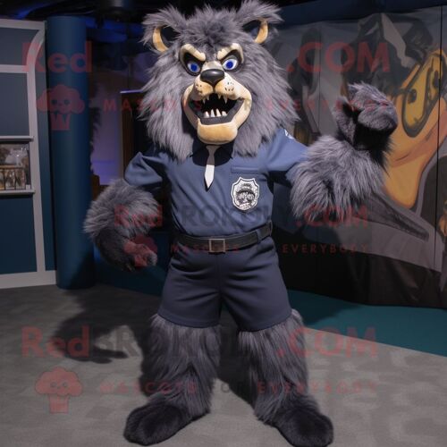 Personnage De Costume De Mascotte Redbrokoly De Loup-Garou Bleu Marine Habillé D'une Robe Trapèze Et De Bretelles