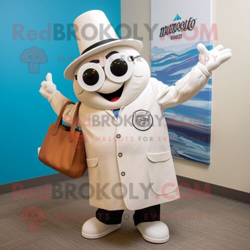 Personnage De Costume De Mascotte Redbrokoly De Clam Chowder Blanc Habillé D'un Blazer Et De Sacs Fourre-Tout