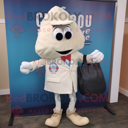 Personnage De Costume De Mascotte Redbrokoly De Clam Chowder Blanc Habillé D'un Blazer Et De Sacs Fourre-Tout