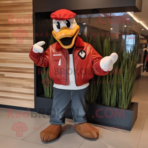 Personnage De Costume De Mascotte Redbrokoly Red Goose Habillé D'une Veste De Moto Et De Ceintures