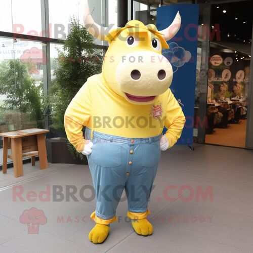 Personnage De Costume De Mascotte Redbrokoly De B?uf Wellington Jaune Habillé D'un Jean Et D'épingles À Cravate