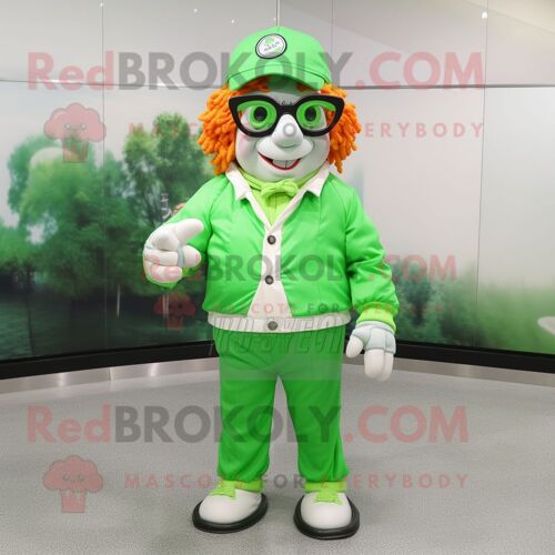 Personnage De Costume De Mascotte Redbrokoly De Lutin Vert Citron Vêtu D'un Coupe-Vent Et De Lunettes