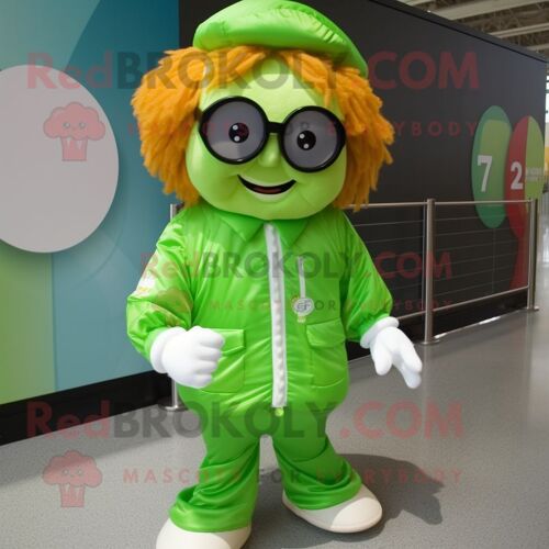Personnage De Costume De Mascotte Redbrokoly De Lutin Vert Citron Vêtu D'un Coupe-Vent Et De Lunettes