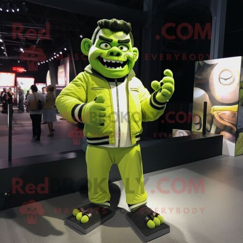Personnage De Costume De Mascotte Redbrokoly Vert Citron Frankenstein S Monster Habillé D'un Blouson Aviateur Et De Gants