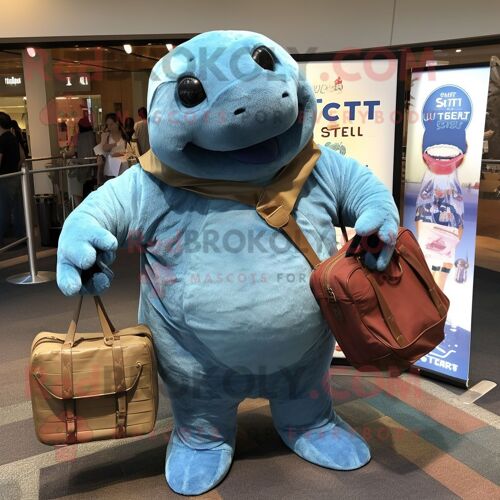 Costume De Mascotte Redbrokoly Rust Stellar S Sea Cow Habillé D'une Chemise Chambray Et De Sacs À Main