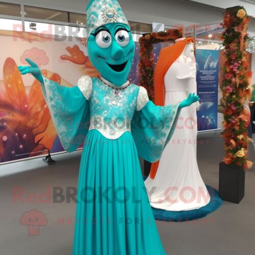 Personnage De Costume De Mascotte Redbrokoly Turquoise Stilt Walker Habillé D'une Robe De Mariée Et De Boucles D'oreilles