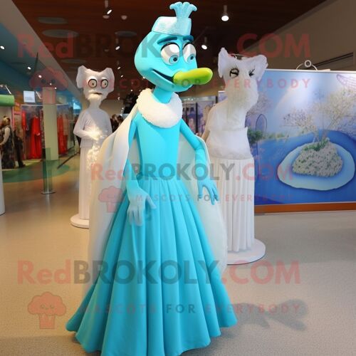 Personnage De Costume De Mascotte Redbrokoly Turquoise Stilt Walker Habillé D'une Robe De Mariée Et De Boucles D'oreilles