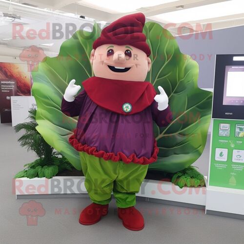 Personnage De Costume De Mascotte Redbrokoly De Feuille De Chou Marron Habillé D'un Pantalon Et D'anneaux
