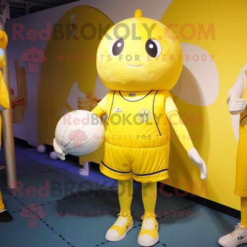 Mascotte Redbrokoly De Personnage De L'alliance Jaune Vêtu D'un Maillot De Bain Une Pièce Et De Coussinets Pour Les Pieds