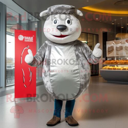 Personnage De Costume De Mascotte Redbrokoly Silver Beef Wellington Habillé Avec Un Jean Skinny Et Des Gants