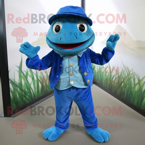 Personnage De Costume De Mascotte Redbrokoly De Grenouille Bleue Habillé D'un Pantalon Et De Casquettes En Velours Côtelé