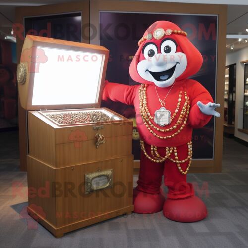 Personnage De Costume De Mascotte Redbrokoly De Coffre Au Trésor Rouge Habillé D'une Barboteuse Et De Montres Bracelet