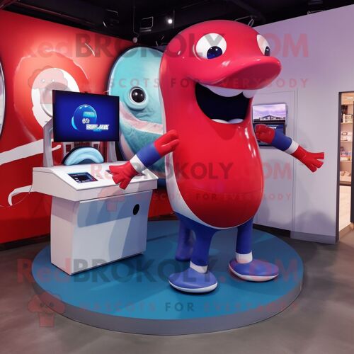 Personnage De Costume De Mascotte Redbrokoly De Baleine Bleue Rouge Habillé D'un T-Shirt À Col En V Et De Montres Intelligentes