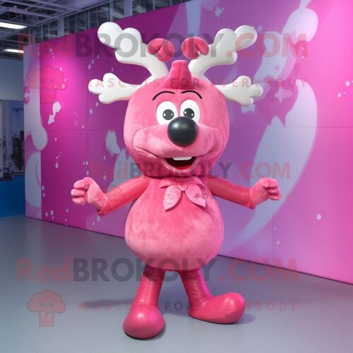 Mascotte Redbrokoly De Personnage De Renne Rose Habillé D'une Mini Robe Et De Noeuds Papillon