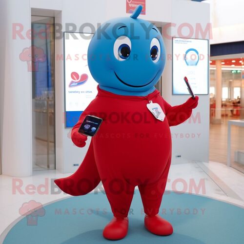 Personnage De Costume De Mascotte Redbrokoly De Baleine Bleue Rouge Habillé D'un T-Shirt À Col En V Et De Montres Intelligentes