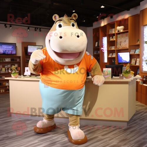 Personnage De Costume De Mascotte Redbrokoly D'hippopotame Beige Vêtu D'un Short De Course Et De Porte-Clés