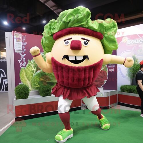Personnage De Costume De Mascotte Redbrokoly De B?uf Salé Et De Chou Marron Vêtu D'un Short De Course Et De Bandeaux