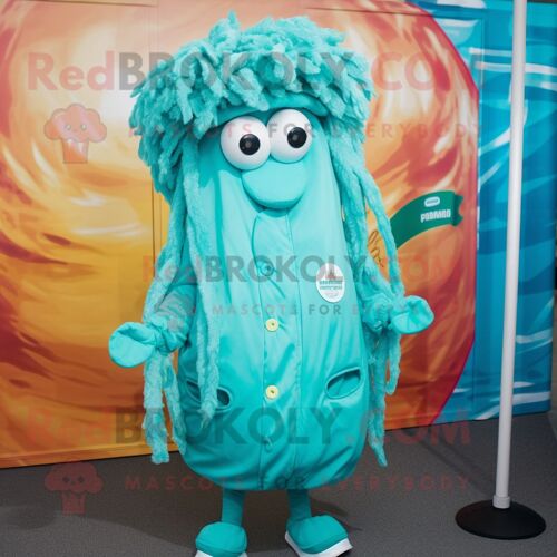 Personnage De Costume De Mascotte Redbrokoly Turquoise Fried Calamari Habillé D'une Parka Et D'épingles À Cravate