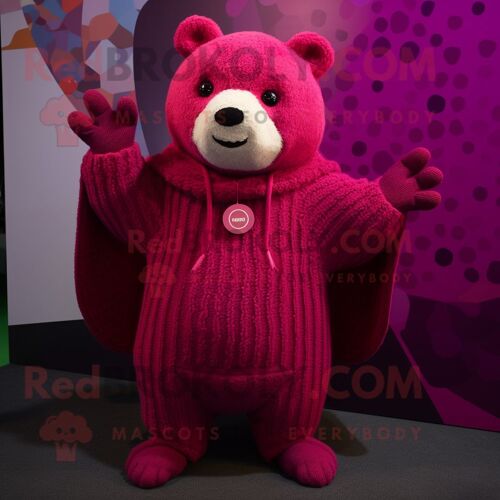 Personnage De Costume De Mascotte Redbrokoly Magenta Bear Habillé Avec Un Pull Et Des Épingles À Châle