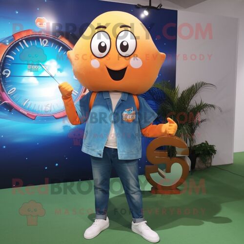 Personnage De Costume De Mascotte Redbrokoly Orange Ray Habillé Avec Une Chemise En Jean Et Des Montres Numériques