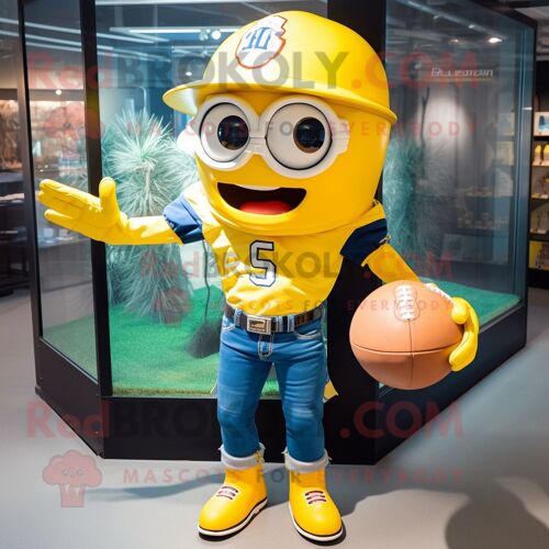 Personnage De Costume De Mascotte Redbrokoly De Casque De Football Américain Jaune Habillé D'un Short En Jean Et De Boutons De Manchette