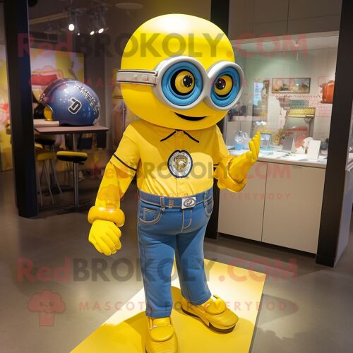 Personnage De Costume De Mascotte Redbrokoly De Casque De Football Américain Jaune Habillé D'un Short En Jean Et De Boutons De Manchette
