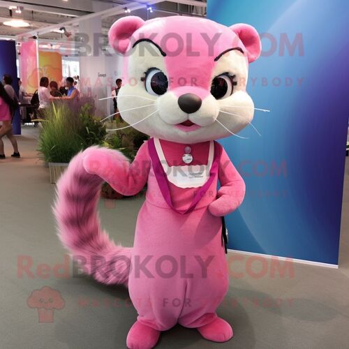 Mascotte Redbrokoly De Furet Rose Costume De Personnage Habillé D'une Robe Fourreau Et De Bandeaux