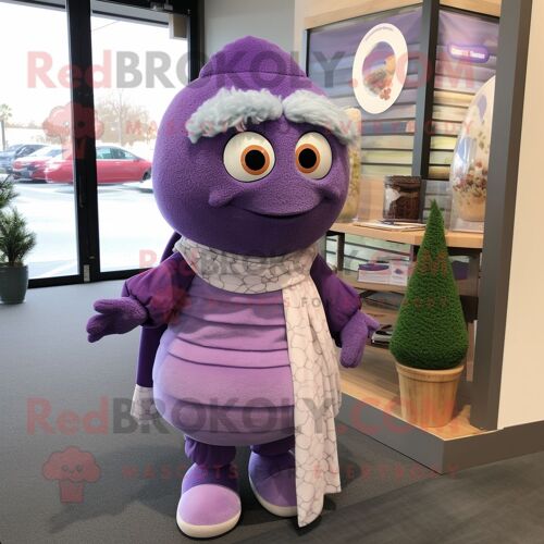 Personnage De Costume De Mascotte Redbrokoly De Prune De Lavande Habillé D'un Pull Et De Clips D'écharpe
