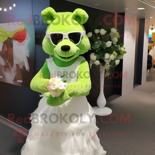 Personnage De Costume De Mascotte Redbrokoly D'ours Vert Citron Vêtu D'une Robe De Mariée Et De Lunettes