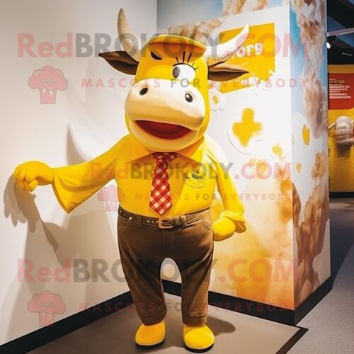 Personnage De Costume De Mascotte Redbrokoly De Taureau Jaune Habillé D'une Chemise Boutonnée Et De Bretelles