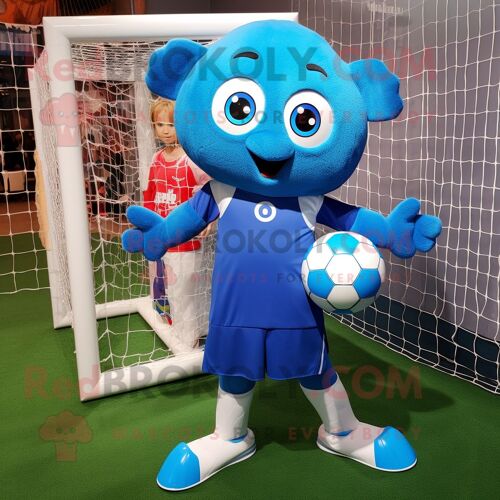 Personnage De Costume De Mascotte Redbrokoly De But De Football Bleu Habillé D'une Robe Droite Et De Mitaines