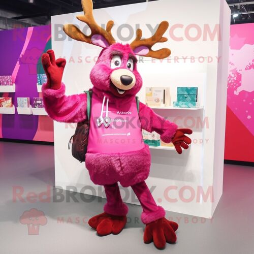 Personnage De Costume De Mascotte Redbrokoly De Renne Magenta Habillé D'un Cardigan Et De Porte-Monnaie