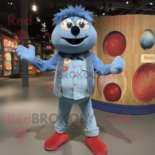 Personnage De Costume De Mascotte Redbrokoly De Boulettes De Viande Bleues Habillé D'une Chemise En Jean Et D'épinglettes