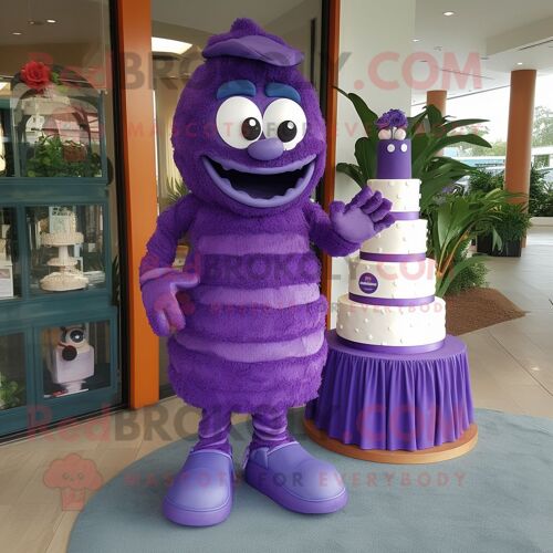Personnage De Costume De Mascotte Redbrokoly De Gâteau De Mariage Violet Habillé D'un Jean Évasé Et De Lacets De Chaussures