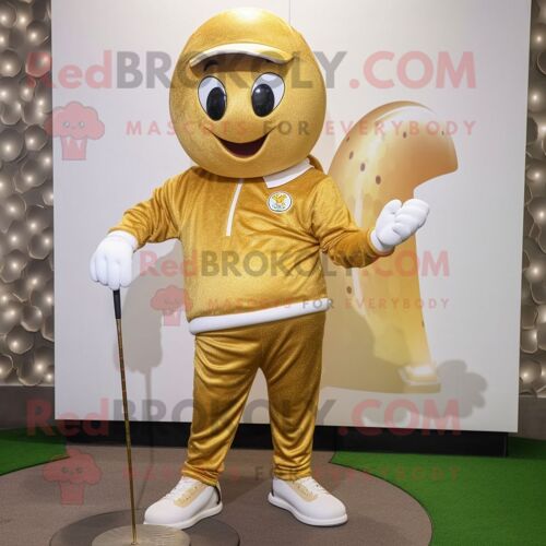 Personnage De Costume De Mascotte Redbrokoly De Balle De Golf Dorée Habillé D'un Sweat-Shirt Et De Ceintures De Smoking