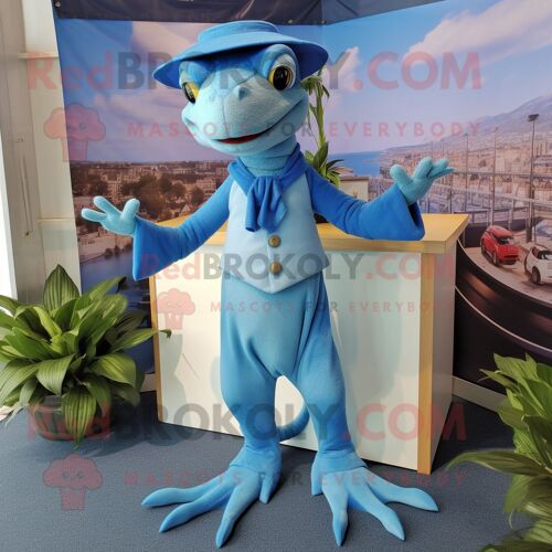 Personnage De Costume De Mascotte Redbrokoly De Lézard Bleu Ciel Habillé D'une Culotte Et De Bérets