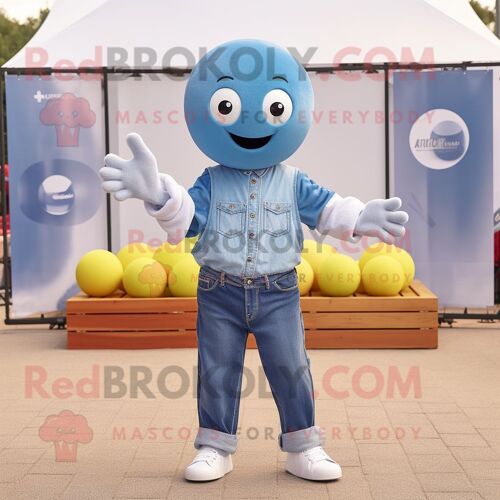 Costume Mascotte Redbrokoly Boule De Pétanque Bleu Ciel Habillé D'un Jean Boyfriend Et De Bracelets