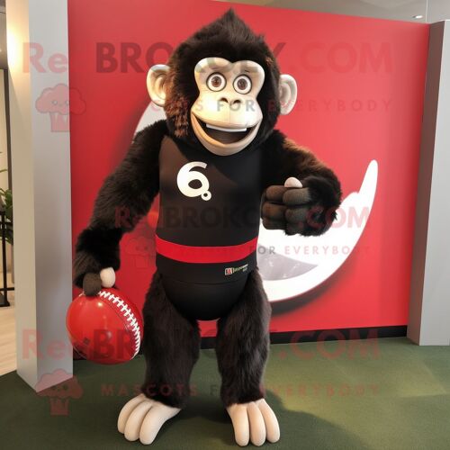 Mascotte Redbrokoly De Personnage De Singe Noir Habillé D'un Maillot De Rugby Et De Mallettes