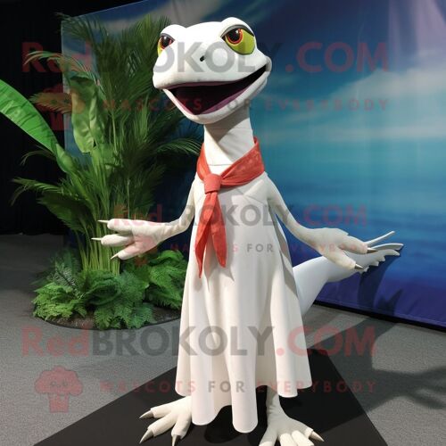 Personnage De Costume De Mascotte Redbrokoly De Dimorphodon Blanc Habillé D'une Jupe Crayon Et D'écharpes