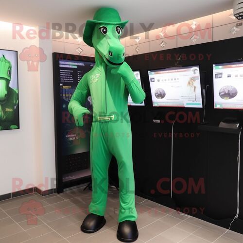 Personnage De Costume De Mascotte Redbrokoly De Cheval Vert Habillé D'un Body Et De Montres Numériques