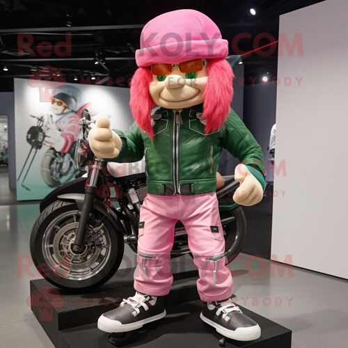 Personnage De Costume De Mascotte Redbrokoly De Lutin Rose Habillé D'une Veste De Moto Et De Bonnets
