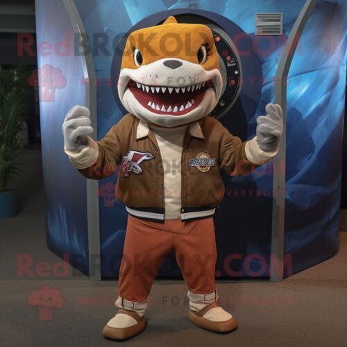 Personnage De Costume De Mascotte Redbrokoly Rust Shark Habillé D'un Blouson Aviateur Et De Bandeaux