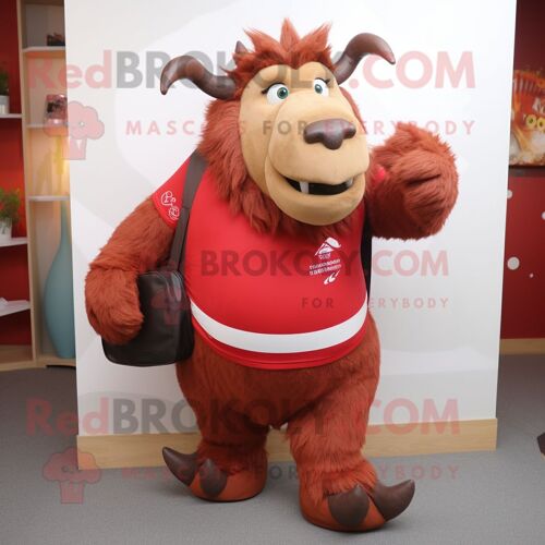 Personnage De Costume De Mascotte Redbrokoly De Rhinocéros Laineux Rouge Vêtu D'un Short De Course Et De Sacs À Main