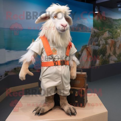 Personnage De Costume De Mascotte Redbrokoly Peach Angora Goat Habillé D'un Short Cargo Et De Broches