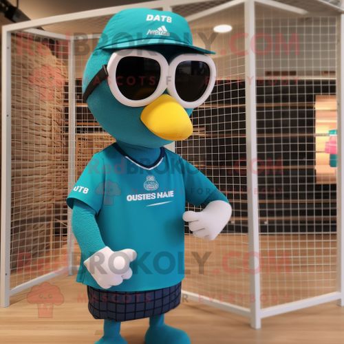 Personnage De Costume De Mascotte Redbrokoly De Filet De Volley-Ball Bleu Sarcelle Habillé D'un T-Shirt Graphique Et De Lunettes De Soleil