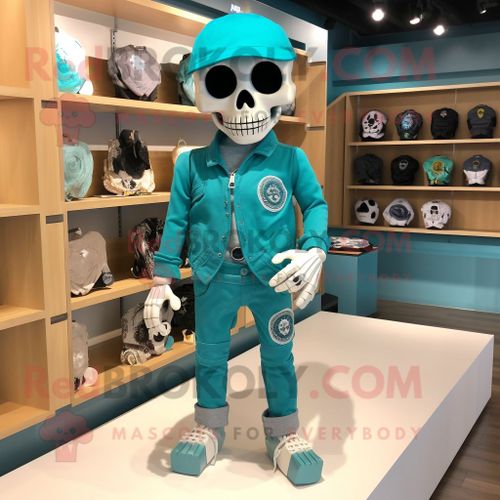 Personnage De Costume De Mascotte Redbrokoly Teal Skull Habillé Avec Une Barboteuse Et Des Pinces À Chaussures