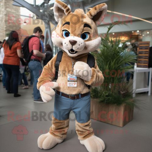 Personnage De Costume De Mascotte Redbrokoly Bobcat Beige Habillé Avec Un Jean Et Des Porte-Clés